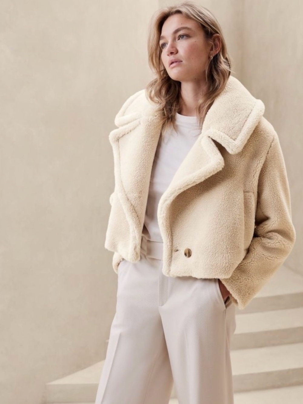 Banana Republic Cream Faux-Shearling Cropped Jacket - Women